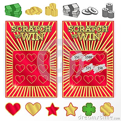 Template scratch ticket to win. Illustrations of coins, bills, g Vector Illustration