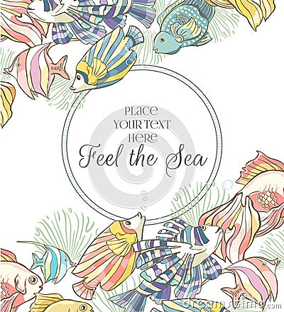 Template with sea elements. Composition with shells. Vector illustration. Happy birthday card Vector Illustration