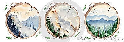 Watercolor landscape with pine and fir trees and mountains abstract nature background Vector Illustration