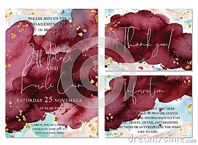 Burgundy and gold wedding set with watercolor background Vector Illustration