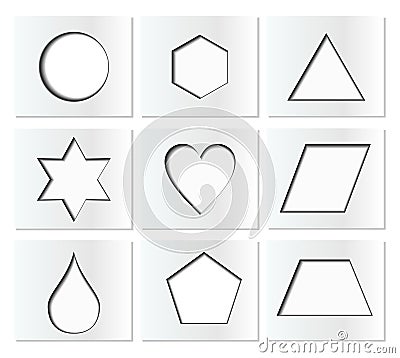 Template for simple geometric shapes with inner shadow - circle, hexagon, triangle, star, heart, drop, pentagon, trapezoid, rhombo Vector Illustration