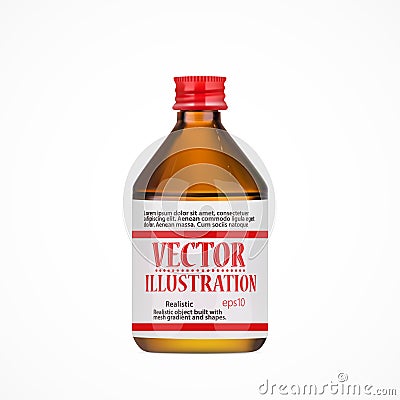 Template of a small brown glass bottle with a steel red cap and a sample decorated label. For illustration Cartoon Illustration