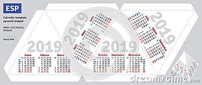 Template spanish calendar 2019 pyramid shaped Vector Illustration
