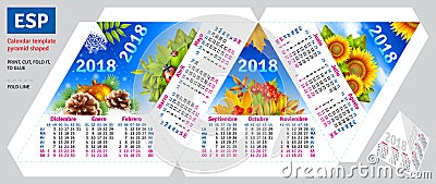 Template spanish calendar 2018 by seasons pyramid shaped Vector Illustration