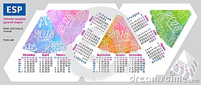 Template spanish calendar 2018 by seasons pyramid shaped Vector Illustration