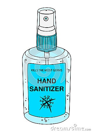 Template spray antiseptic hands. Personal hygiene product. Sanitizer dispenser disinfects protects coronavirus bacteria. Color Vector Illustration