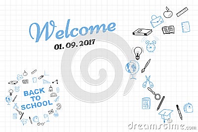 Template on a theme back to school with a sheet in a box. A set of drawing elements for education with endolar accessories. Cartoon Illustration
