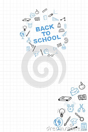 Template on a theme back to school with a sheet in a box. A set of drawing elements for education with endolar accessories. Cartoon Illustration