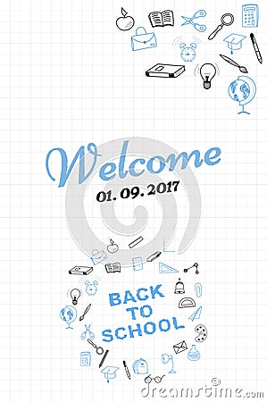 Template on a theme back to school with a sheet in a box. A set of drawing elements for education with endolar accessories. Cartoon Illustration