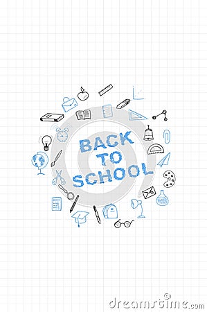 Template on a theme back to school with a sheet in a box. A set of drawing elements for education with endolar accessories. Cartoon Illustration