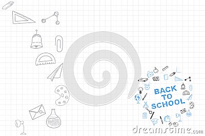 Template on a theme back to school with a sheet in a box. A set of drawing elements for education with endolar accessories. Cartoon Illustration