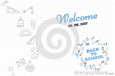 Template on a theme back to school with a sheet in a box. A set of drawing elements for education with endolar accessories. Cartoon Illustration