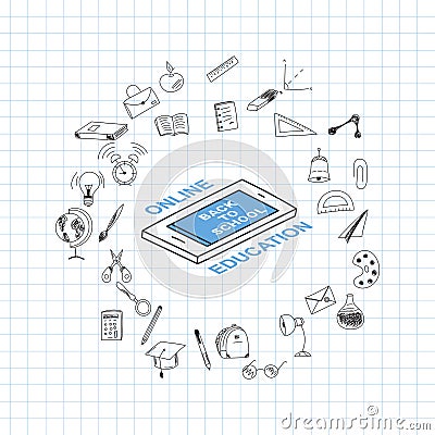 Template on a theme back to school with a sheet in a box. A set of drawing elements and isometric smartphone for education Cartoon Illustration