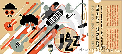 Template for the ticket of the jazz festival with musical instruments. Illustration with saxophone and piano keys and guitar. Colo Vector Illustration