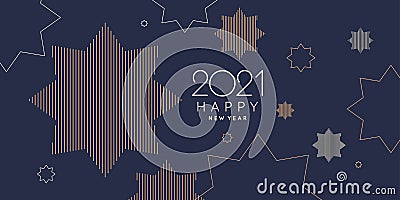 Template to embed greetings. Background with the inscription Happy New Year 2021. Vector illustration with gold lines. Vector Illustration