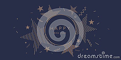 Template to embed greetings. Background with the inscription Happy New Year. Vector illustration with gold lines. Vector Illustration