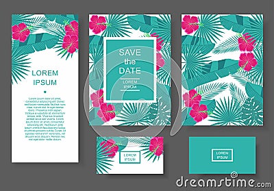 Template with tropical flowers and leaves. Pattern flyer, invitation, flyer, business card. Vector Illustration