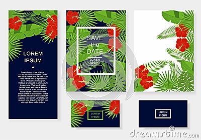 Template with tropical flowers and leaves. Pattern flyer, invitation, flyer, business card. Vector Illustration