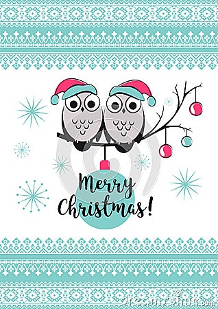 Template vector card with cute owls on a tree branch. Merry Christmas snowlake, balls and text. Happy New year Vector Illustration