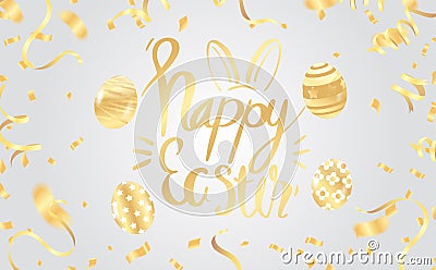 Template vector card with hand drawn elements and realistic decorated eggs. Bunny, cake, willow and chicken. Inscription Happy Ea Vector Illustration