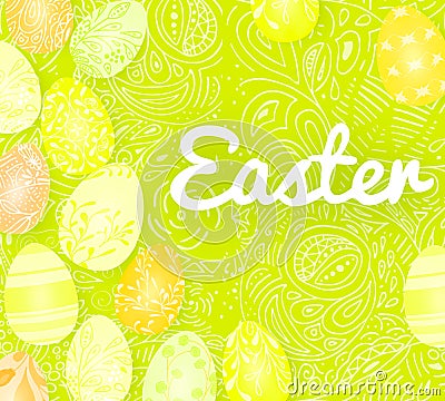 Template vector card with realistic 3d render eggs, candies. Handwriting Happy Easter. Doodles hand drawn elements Vector Illustration