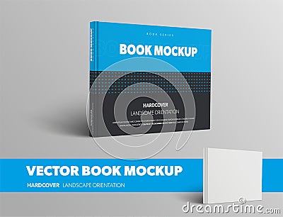 Template of vector closed standing book, front view, in blue and black hardcover, isolated on gray background Vector Illustration