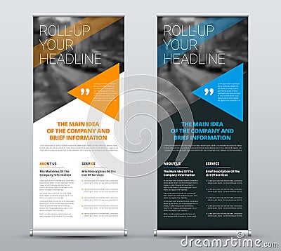 Template of vector roll-up banners with blue and orange triangle Vector Illustration