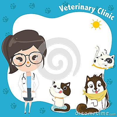 Template for a veterinary clinic with a doctor girl and pets Vector Illustration