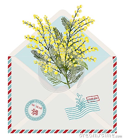 Template of vintage post card envelope with hand-drawn sketch branch of yellow mimosa flower. Texture grunge 8 march Vector Illustration