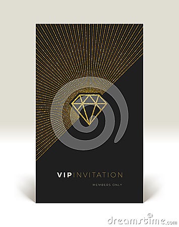 Template of VIP invitation. Glitter gold shining diamond with sunburst Vector Illustration