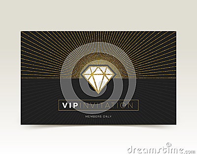 Template of VIP invitation. Glitter gold shining diamond with sunburst Vector Illustration