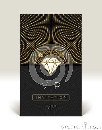 Template of VIP invitation. Glitter gold shining diamond with sunburst Vector Illustration