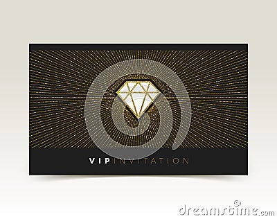 Template of VIP invitation. Glitter gold shining diamond with sunburst Vector Illustration