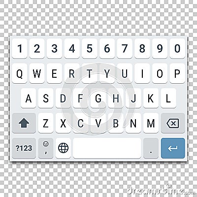 Template of virtual keyboard for smartphone with QWERTY layout, uppercase letters and number row Vector Illustration
