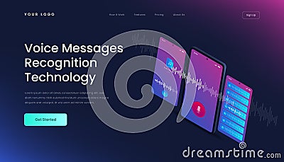 Template voice messages recognition landing page. Mobile application for recording sound, dictate messages and speech. Landing Vector Illustration