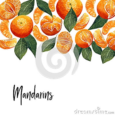 Template with watercolor fruit pattern. Background with fresh bright tangerines, peeled, slices, leaves and place for text Stock Photo