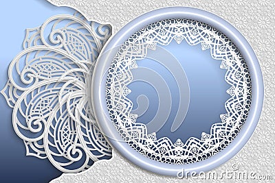 Template of wedding greetings or invitations. 3D mandala, round frame with lace edges, surface with a relief pattern. Floral backg Vector Illustration