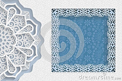 Template of wedding greetings or invitations. 3D mandala, square frame with lace edges, surface with a relief pattern. Floral back Vector Illustration