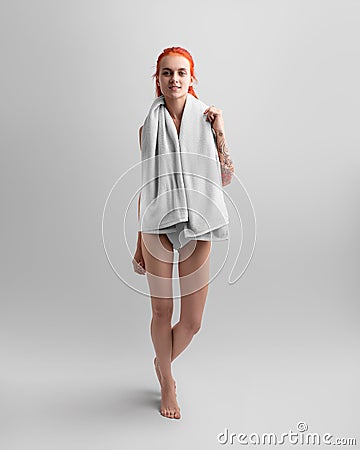 Template of a white bath towel on the shoulders of a naked red-haired girl, full-length, front Stock Photo