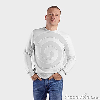 Template white heather on a man, front view, isolated on background. Mockup fashionable blank sweatshirt for presentation design Stock Photo