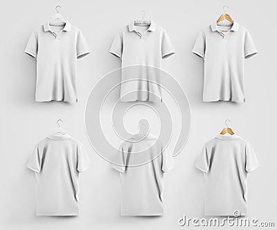 Template of white men`s polo t-shirt; hanging on different hangers, front and back views, for presentation of design and Stock Photo