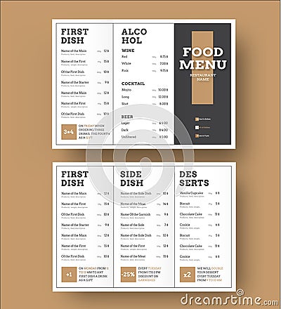 Template white vector trifold menu with a black cover and brown elements Vector Illustration