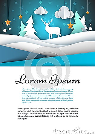 A4 template. Winter landscape illustration. Fir, deer, cloud, star. Vector Illustration