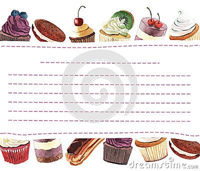 Template for your text. Drawing with watercolor confectionery and a place for writing text. It can be used as a birthday card, men Stock Photo