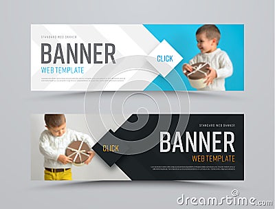 Templates of black and white vector horizontal web banners with arrows and a place for a photo Vector Illustration