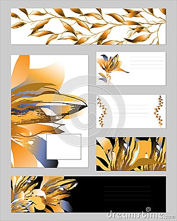 Templates for corporate identity with gold flowers and leaves. Set of business cards and templates for text. Natural ornament for Vector Illustration