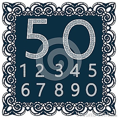 Templates for cutting out digits. May be used for laser cutting. Fancy lace digits. Font isolated blue background. A set of symbol Vector Illustration