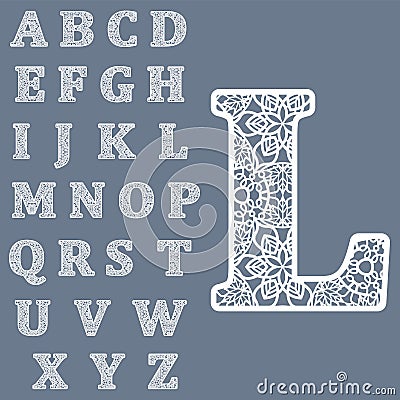 Templates for cutting out letters. Full English alphabet. May be used for laser cutting. Fancy lace letters. Vector Illustration