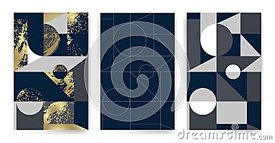 Templates with elegant geometric design. Marble effect texture, golden lines and geometric shapes Vector Illustration
