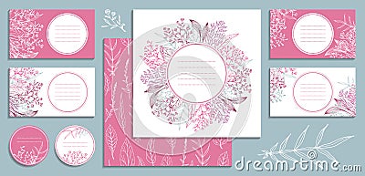 Templates for greeting and business cards, brochures, covers, labels with wildflowers, leaves and herbs Vector Illustration